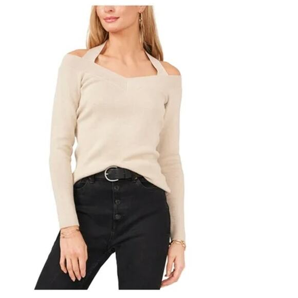 Vince Camuto Metallic Halter V-Neck Sweater in Flax, Size X-Large - Picture 1 of 4